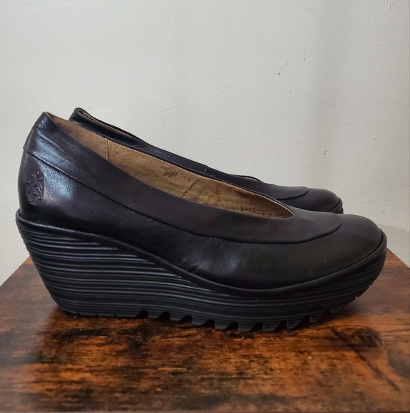 Fly London Shoes - Fly London YAZ Leather Wedge Pump Slide-On Shoes Size 41